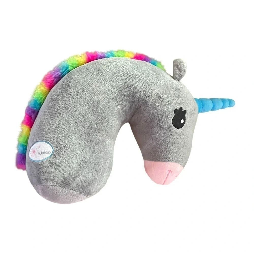 🦄 Kids Unicorn Travel Neck Pillow – Gray Plush w/ Rainbow Mane